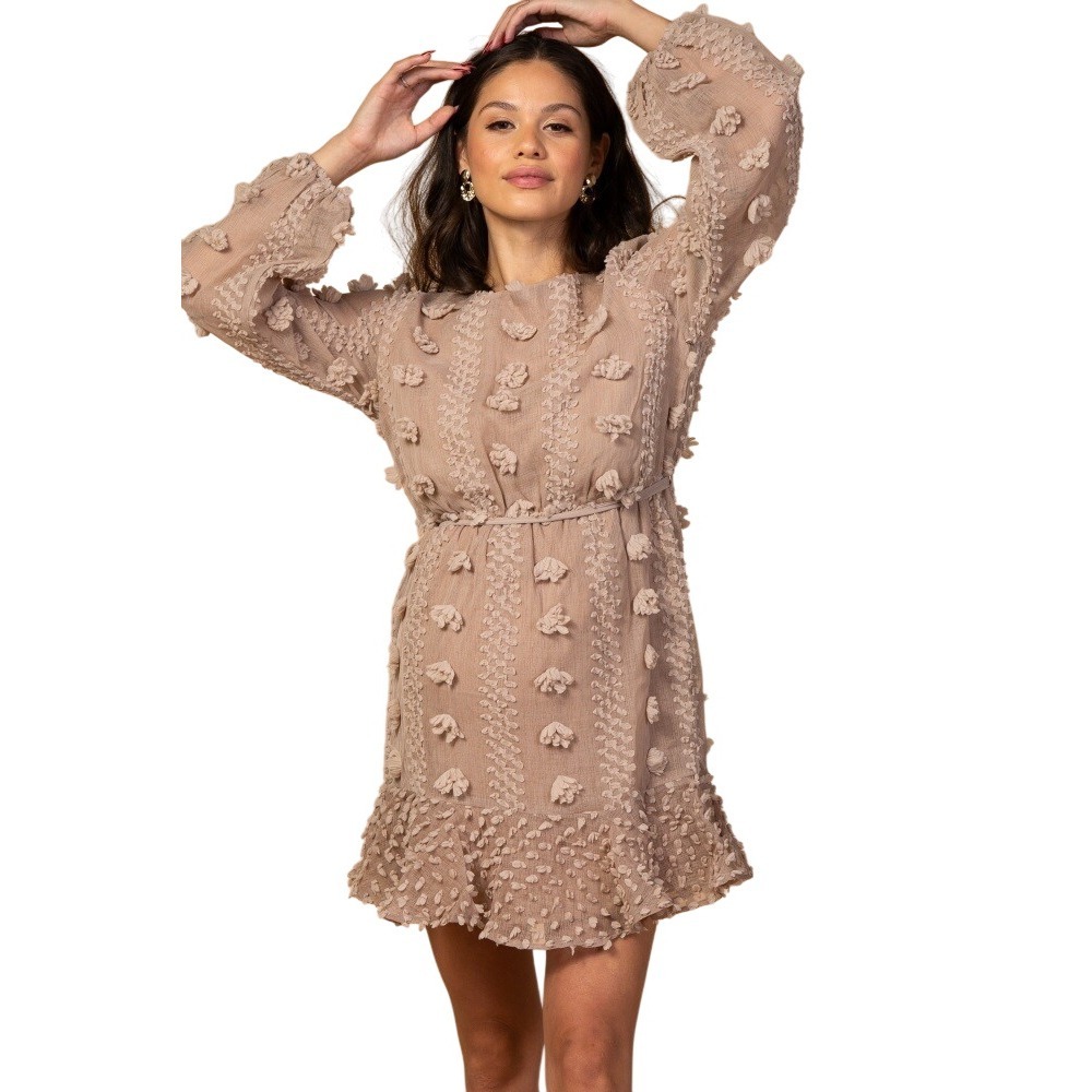 &merci‎ Embellished 3D Textured Long Sleeve Tie Waist Boho Mini Dress Size Small